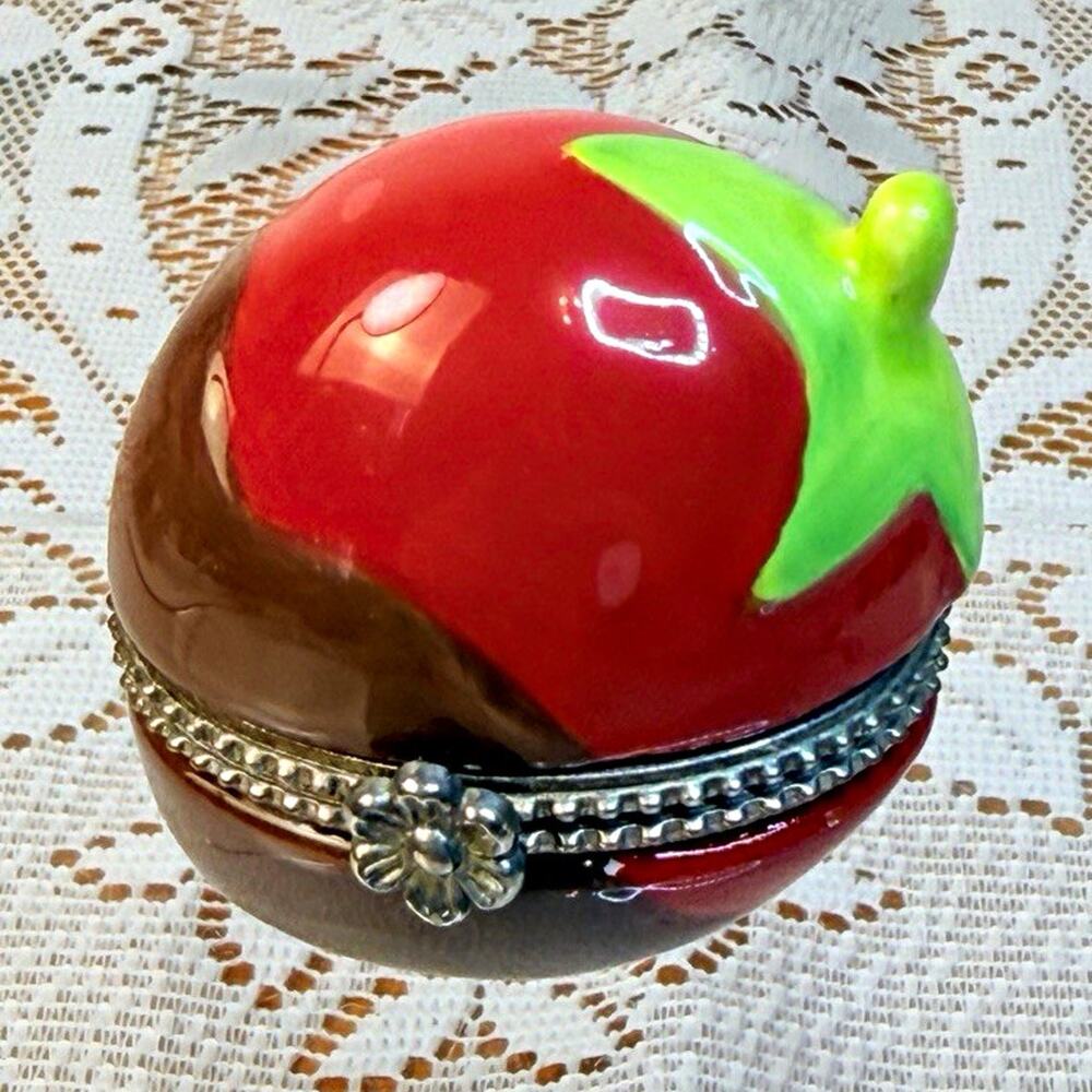 Strawberry Chocolate Covered Hinged Trinket Box Red Brown Green HMK LIC